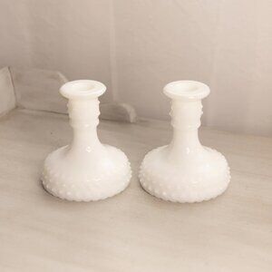 Vintage LE Smith White Milk Glass Hobnail Candlesticks (Set of 2)